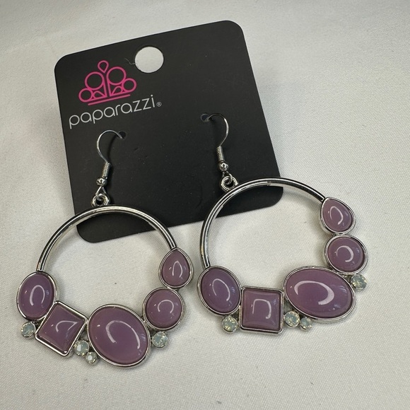Paparazzi Purple Silver Hoop Earrings Modern Design - Picture 5 of 5